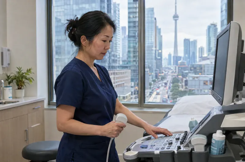 An ultrasound technologist preparing the machine in a downtown Toronto clinic room