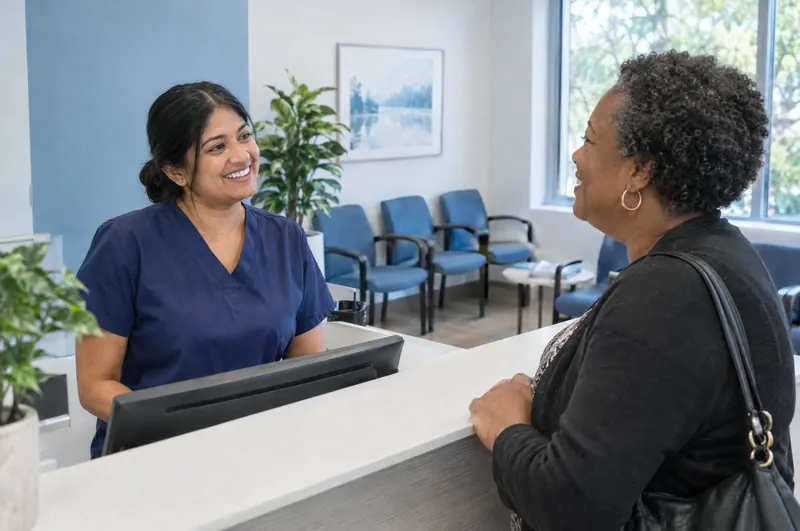 A receptionist welcoming a patient at the front desk of a Bluewater Imaging clinic