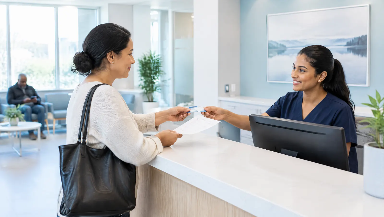 A patient handing a health card and a paper requisition to a receptionist at a clinic front desk