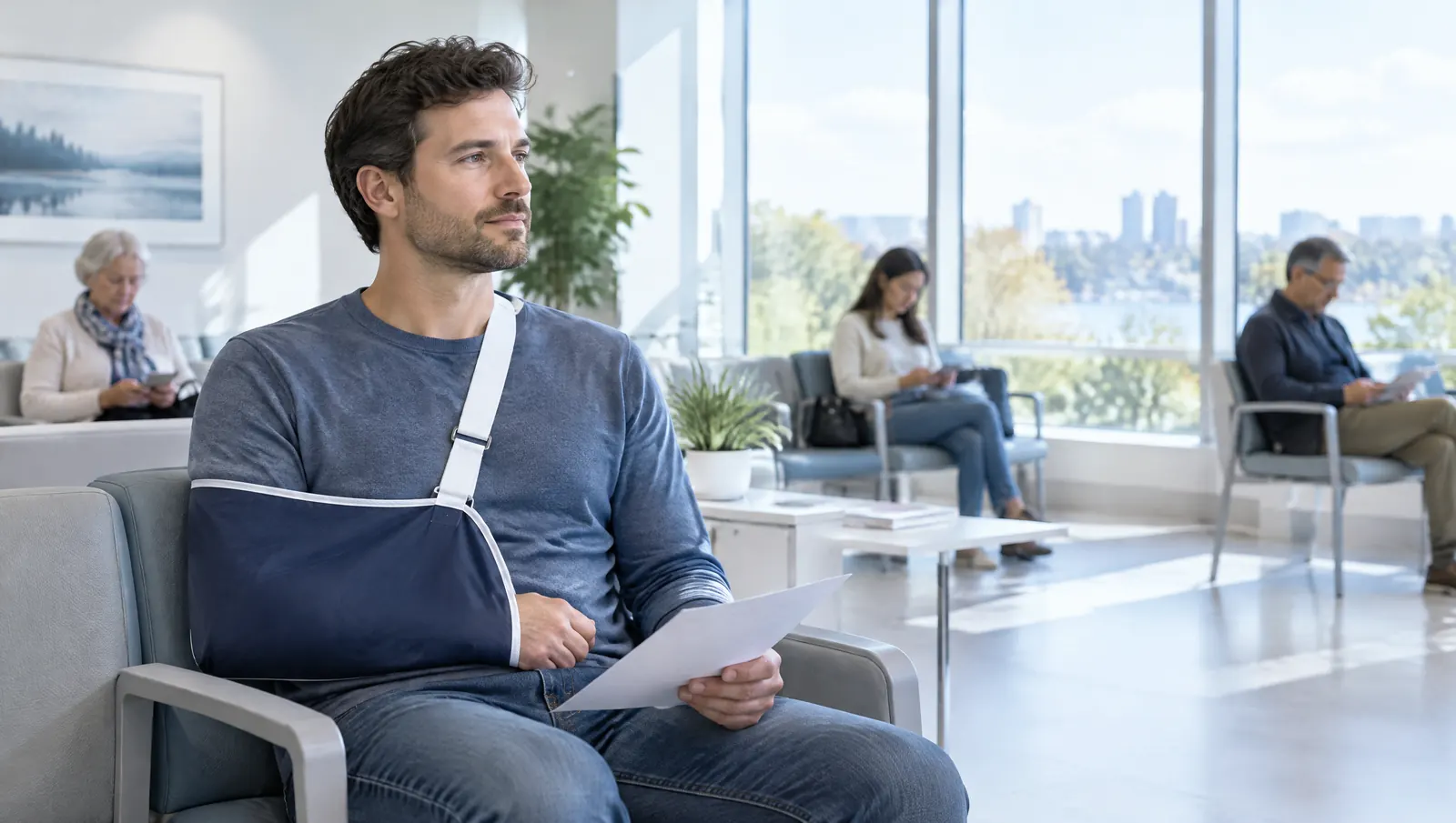 A man with his arm in a sling waiting in a bright clinic waiting area, holding a paper requisition
