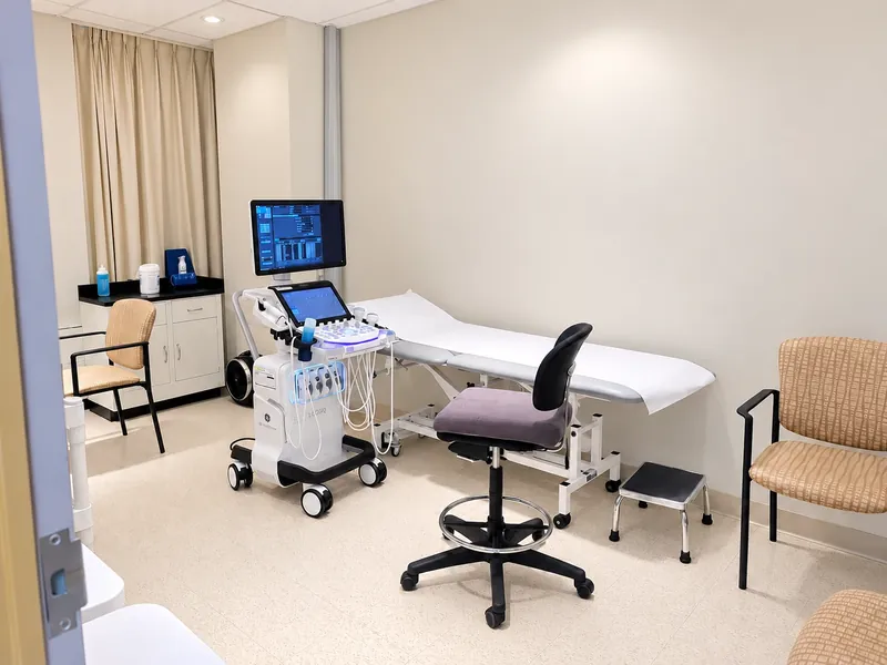 An ultrasound room at Bluewater Imaging, 123 Edward Street: the ultrasound machine beside the examination bed