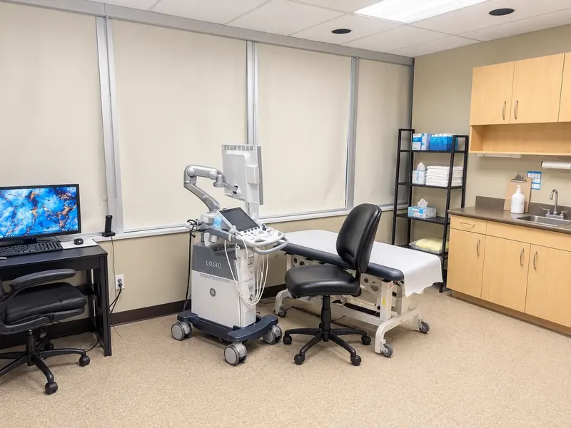 An ultrasound room at 960 Lawrence Avenue West, with the ultrasound machine, the examination bed and a desk