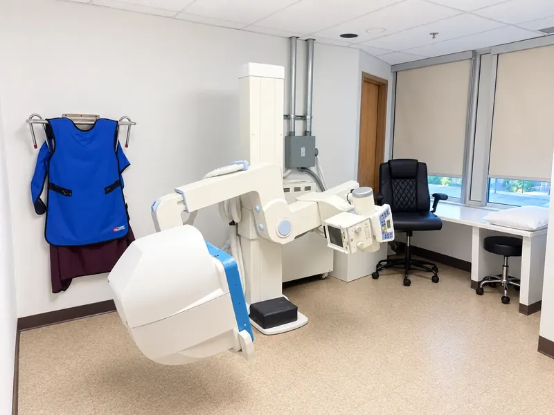 The X-Ray room at 960 Lawrence Avenue West: the X-Ray unit, the table and a lead apron on the wall