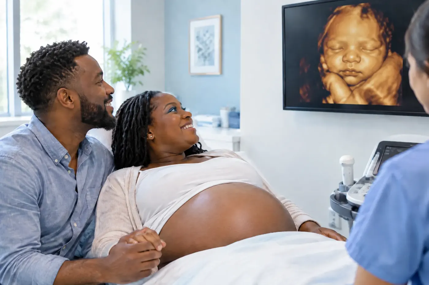 Expecting parents smiling at a 3D ultrasound image of their baby on a large screen