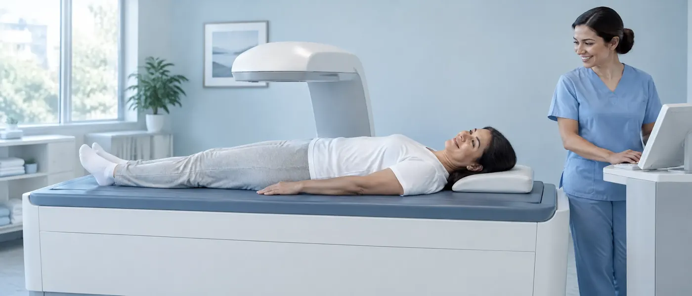 A patient lying on a DEXA scanner table while a technologist stands at the console