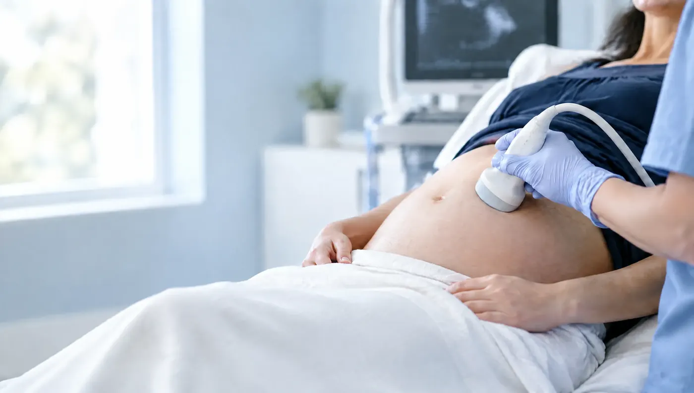 A sonographer holding an ultrasound probe on an expecting mother's belly