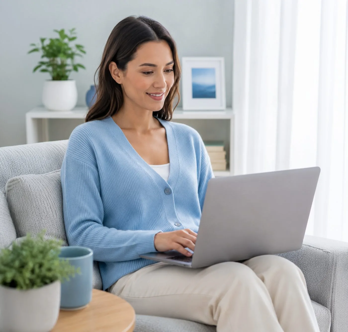 A woman smiling as she looks at her results on a laptop at home