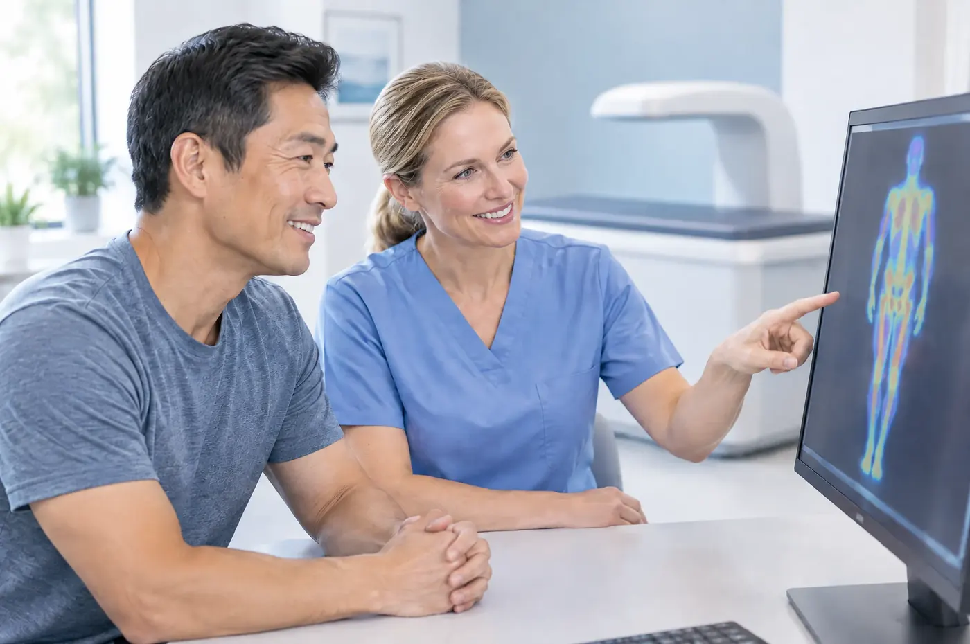 A technologist showing a patient his DEXA body composition results on a screen