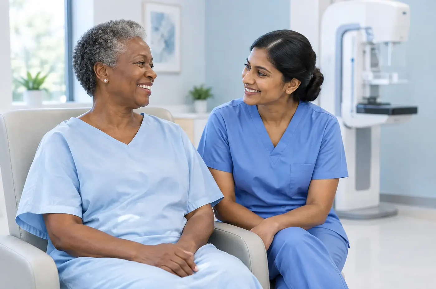 A smiling patient in a gown sitting with a technologist in a bright mammography room